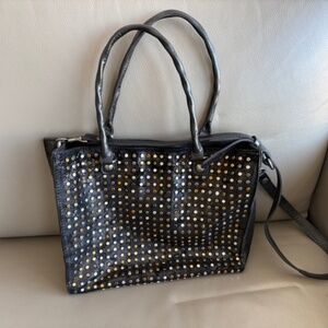 PATRICIA NASH leather med sized tote bag shiny black studded excellent
